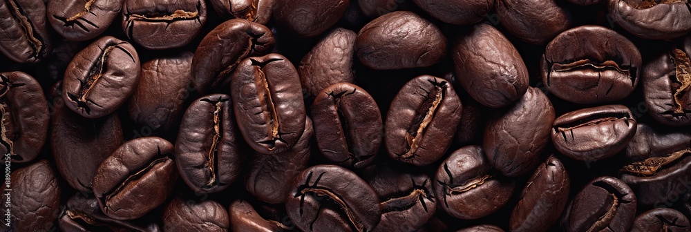 Naklejka premium Close up of coffee bean background, top view. Photorealistic high resolution macro photography for advertising or food design. 