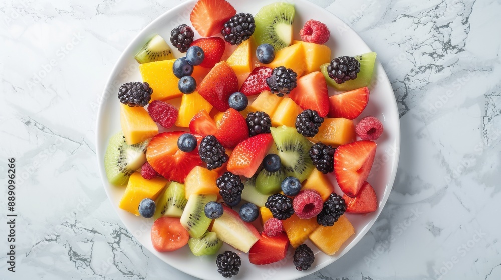 Vibrant Fresh Fruit Salad Flat Lay with Berries, Melon, and Citrus on White Plate Vibrant Fresh Fruit Salad Flat Lay with Berries, Melon, and Citrus on White Plate