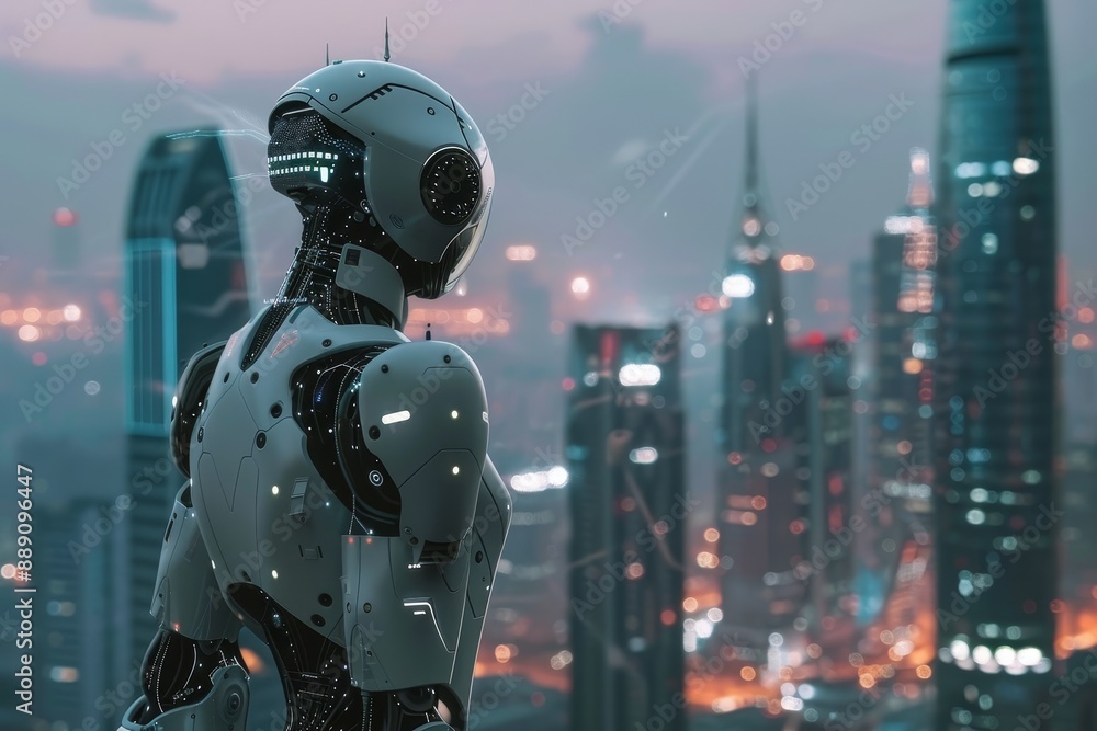 Futuristic Humanoid Robot in a Modern Living Space Representing Advanced AI Technology Futuristic Humanoid Robot in a Modern Living Space Representing Advanced AI Technology