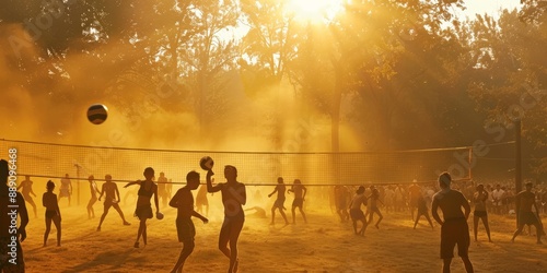 Fototapeta Naklejka Na Ścianę i Meble -  People playing volleyball in the park at sunset, capturing the energy and enjoyment of an outdoor summer activity during the golden hour