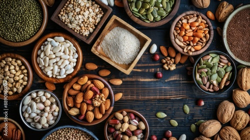 Healthy Whole Foods Variety Flat Lay on Wooden Table