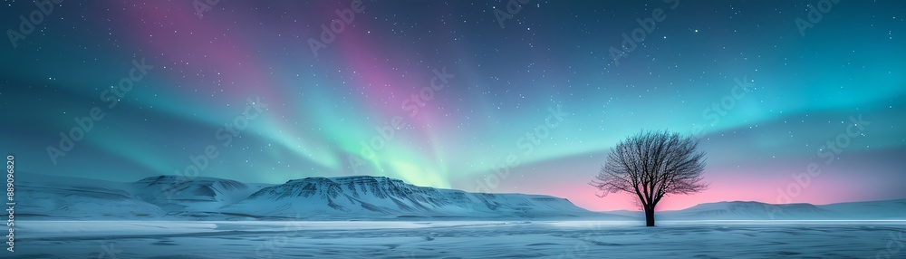 Night shot of the Northern Lights over a snowcovered landscape in Iceland, Northern Lights, natural phenomena Night shot of the Northern Lights over a snowcovered landscape in Iceland, Northern Lights, natural phenomena