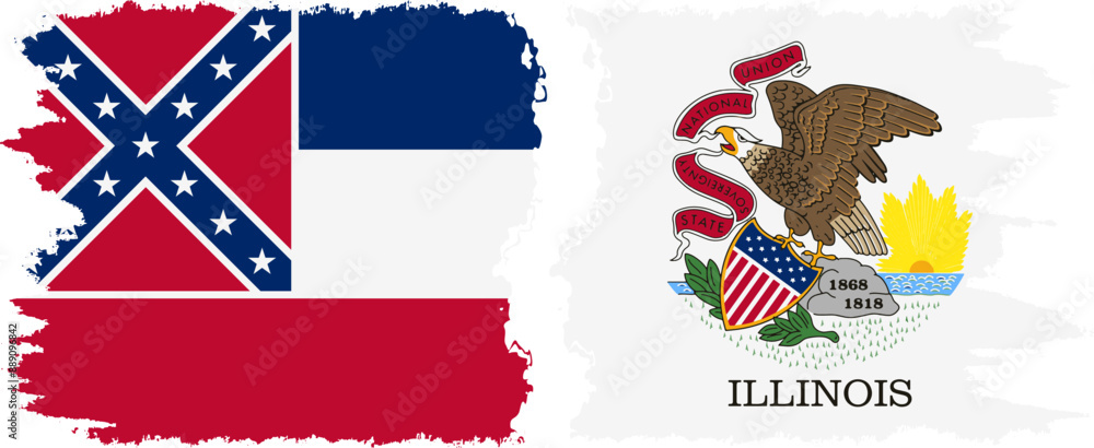 Illinois and Mississippi states grunge brush flags connection, vector Illinois and Mississippi states grunge brush flags connection, vector