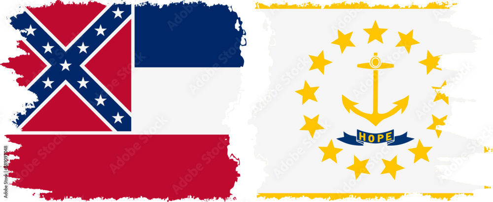 Rhode Island and Mississippi states grunge brush flags connection, vector Rhode Island and Mississippi states grunge brush flags connection, vector