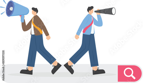 Find people's employer business concept. We're Hiring Speech. Job hiring and online recruitment. Human resources. HR with binoculars is looking for creative workers.

