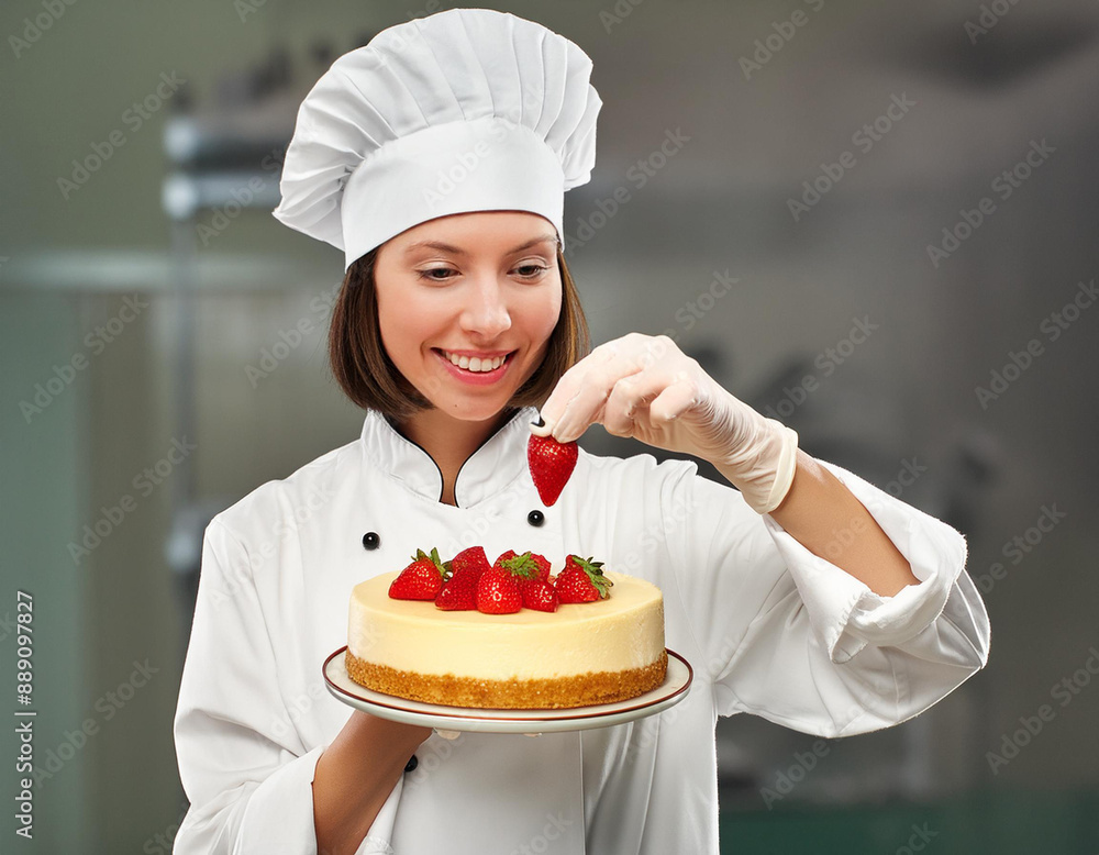 Cook puts strawberry on a cheesecake Cook puts strawberry on a cheesecake