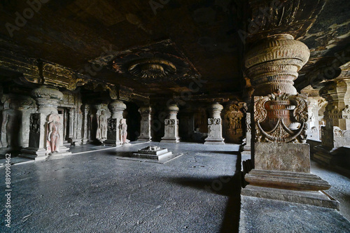Interior of one of the Hindu caves at Ellora , India.