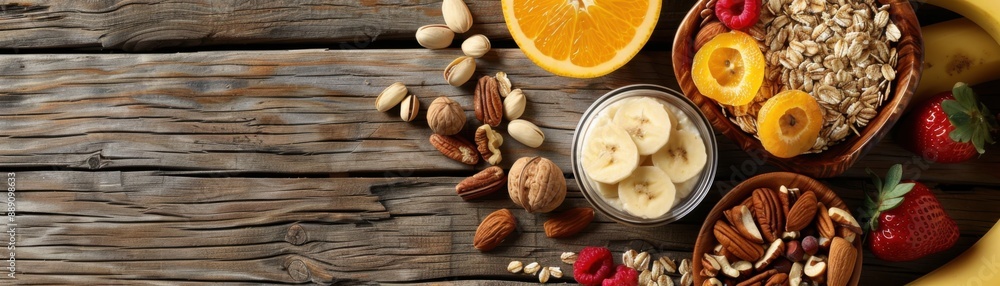 Fresh and Nutritious Breakfast Flat Lay with Oatmeal, Fruits, and Nuts on Wooden Table Fresh and Nutritious Breakfast Flat Lay with Oatmeal, Fruits, and Nuts on Wooden Table