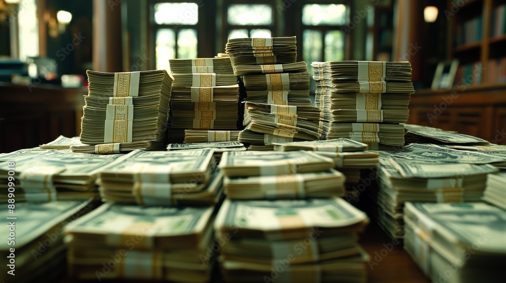 Stacks of crisp hundred-dollar bills amass on a grand wooden table, exuding wealth and the essence of affluence. Stacks of crisp hundred-dollar bills amass on a grand wooden table, exuding wealth and the essence of affluence.