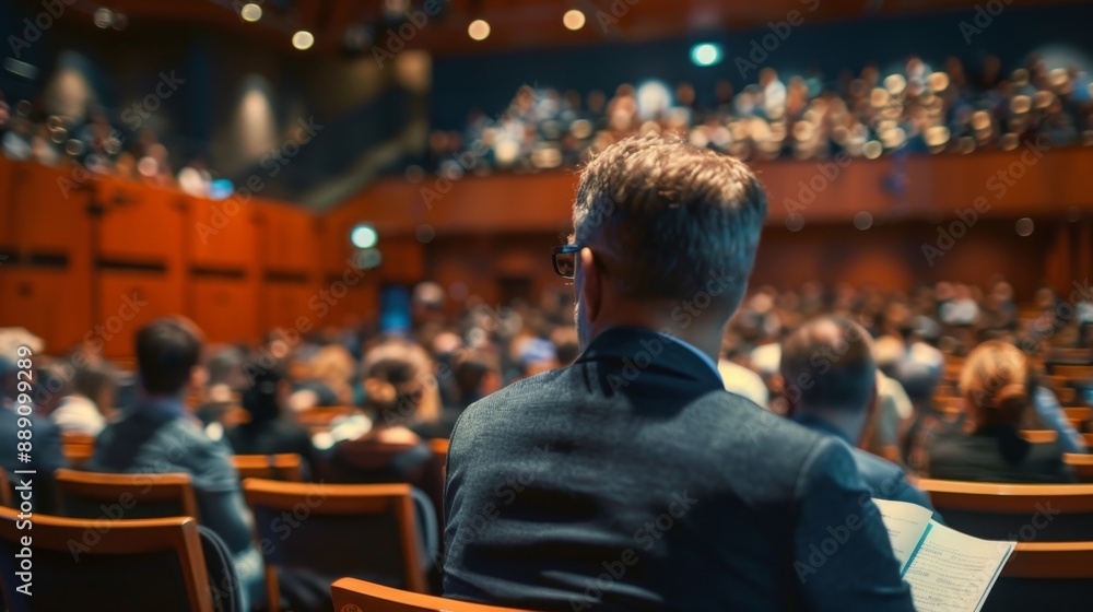 Fototapeta premium Abstract Speaker Performing on Stage Under Spotlight with Large Audience. Business Professionals or Students Watching Presentation in Auditorium, Attending Training or Seminar. Packed Conference Hall 
