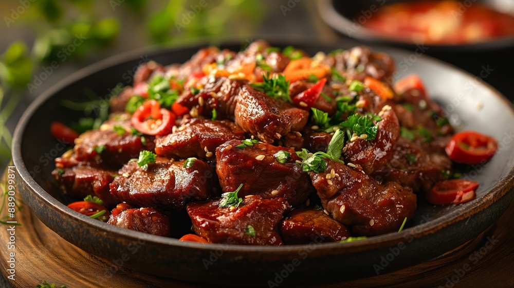 Succulent pieces of pork caramelized to perfection and garnished with fresh herbs and chili, served in a rustic pan. Succulent pieces of pork caramelized to perfection and garnished with fresh herbs and chili, served in a rustic pan.