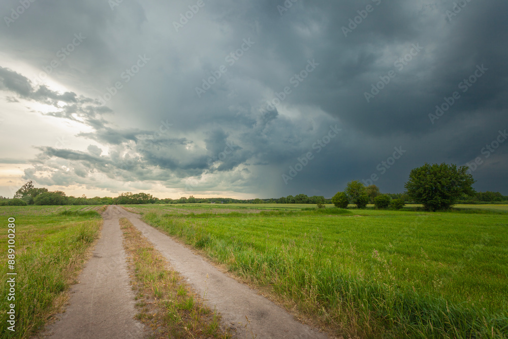 Rural road through green fields and storm clouds in the sky Rural road through green fields and storm clouds in the sky