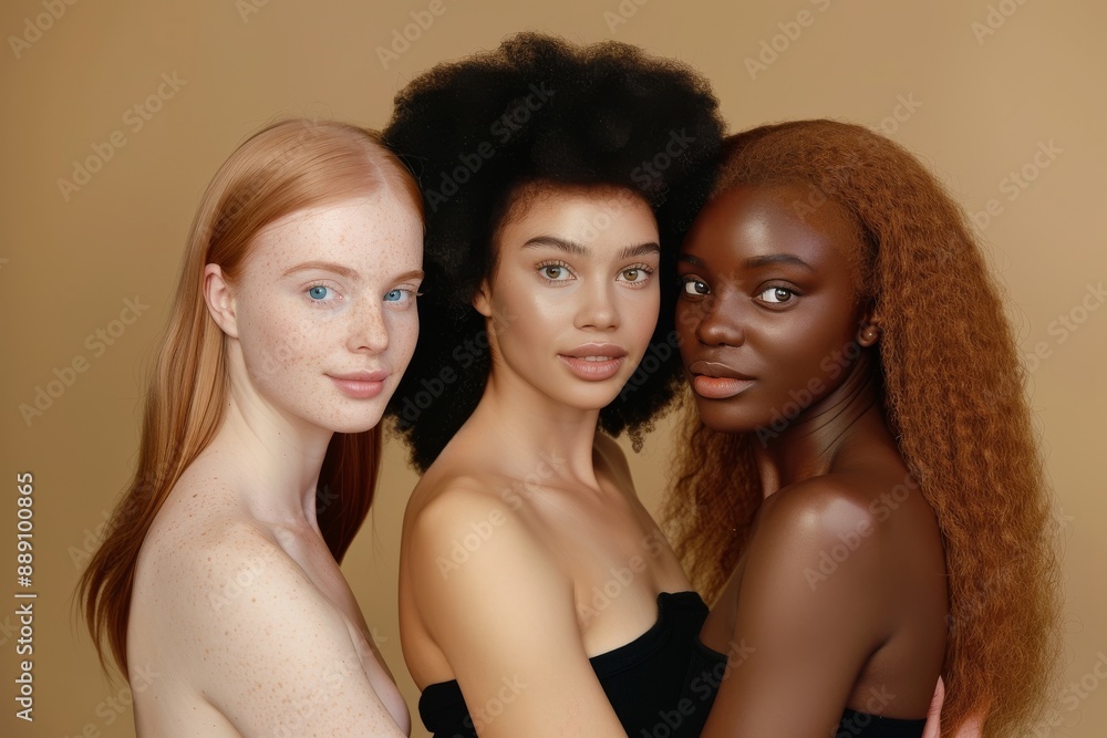 Obraz premium Close-up of two women highlighting the beauty of diverse skin tones Generative AI image. Beautiful simple AI generated image in 4K, unique.