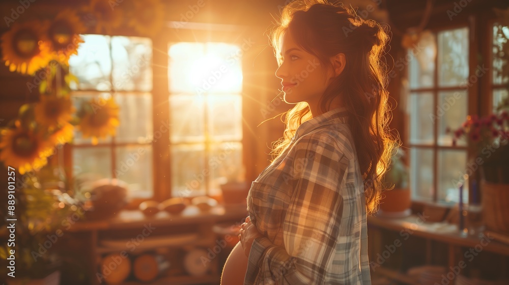 Pregnant Woman Standing By Window With Sunbeams In Rustic Cabin Pregnant Woman Standing By Window With Sunbeams In Rustic Cabin