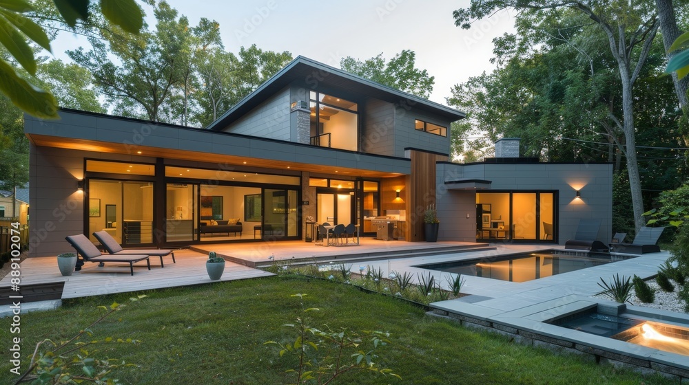 A contemporary house with sleek design elements. This property includes three bedrooms, two and a half baths, a modern kitchen, and an open living area. The backyard features a deck and a small pool A contemporary house with sleek design elements. This property includes three bedrooms, two and a half baths, a modern kitchen, and an open living area. The backyard features a deck and a small pool