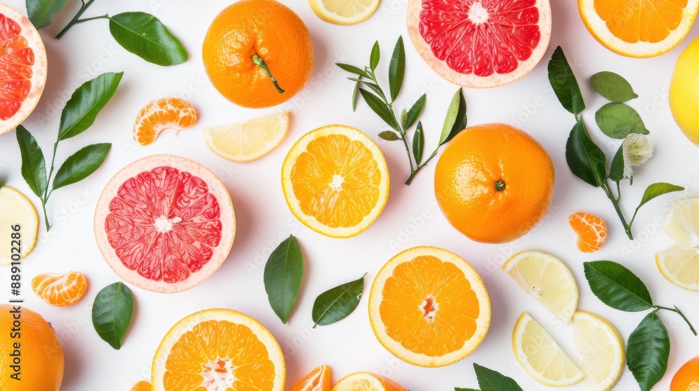 Citrus Burst - Vibrant Flat Lay of Oranges, Lemons, and Grapefruits on White Background Citrus Burst - Vibrant Flat Lay of Oranges, Lemons, and Grapefruits on White Background