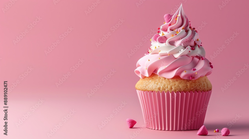A pink cupcake with white and pink frosting and sprinkles sitting on a pink surface. A pink cupcake with white and pink frosting and sprinkles sitting on a pink surface.