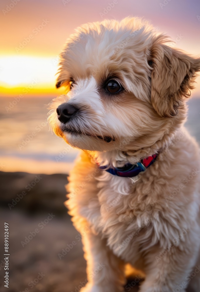 Maltipoo with a contemplative expression gazing at a sunset over the ocean Maltipoo with a contemplative expression gazing at a sunset over the ocean