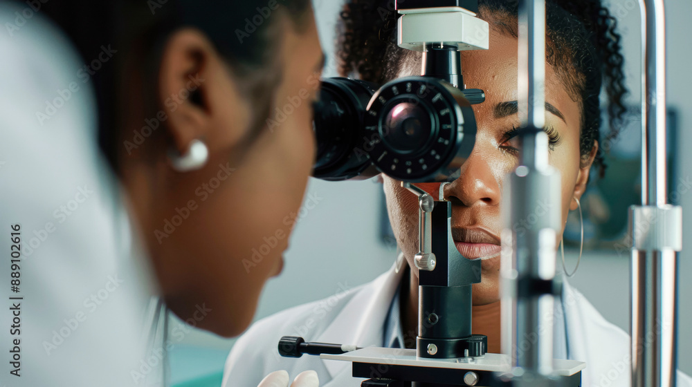 Ophthalmologist examining patient, eye test, clinic setting Ophthalmologist examining patient, eye test, clinic setting