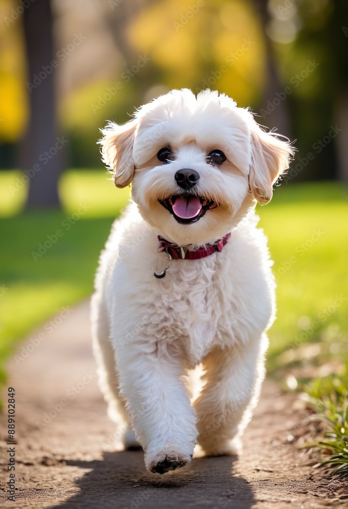Maltipoo with a playful expression chasing its tail in a park Maltipoo with a playful expression chasing its tail in a park