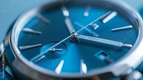 A close up of a blue watch face with silver hands.