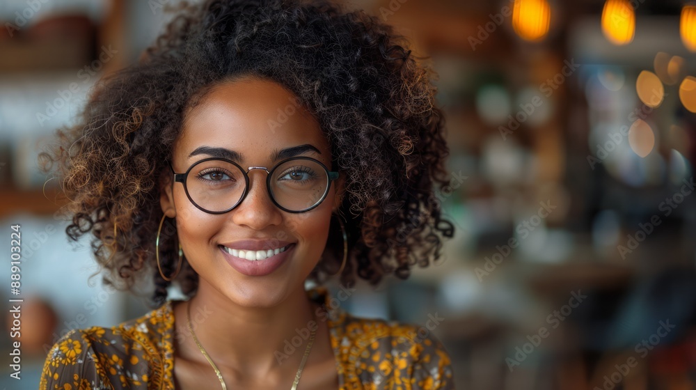 Portrait of an attractive mixed-race woman wearing glasses in a cozy atmosphere. Portrait of an attractive mixed-race woman wearing glasses in a cozy atmosphere.