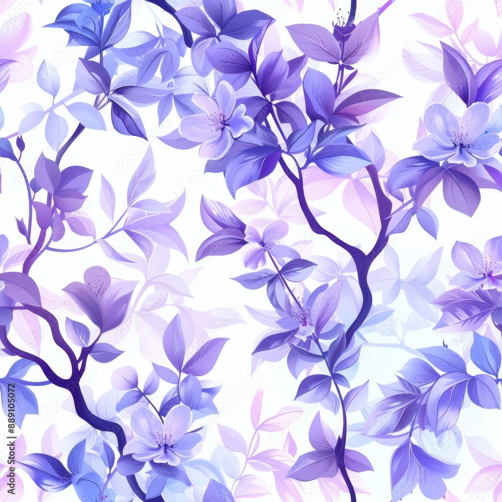 Seamless pattern with abstract purple flowers and leaves on a white background, perfect for textile, wallpaper, and graphic design. Seamless pattern with abstract purple flowers and leaves on a white background, perfect for textile, wallpaper, and graphic design.