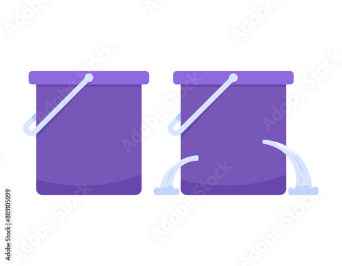 illustration of a bucket in good condition with a leaking bucket. water came out of the bucket because of a hole. symbol or icon. condition of goods or objects. flat style design. graphic elements