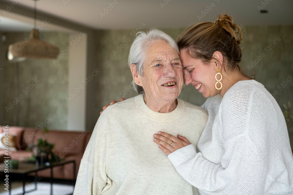 Elderly woman and young adult female embracing and smiling in a cozy living room. Elderly woman and young adult female embracing and smiling in a cozy living room.