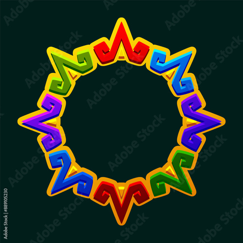 Maya frame. Aztec solar disk, sun symbol, and diadem, representing the Aztec sun. Empty APP frame for your games or slots
