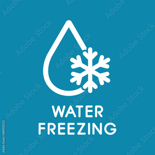 Freezing Water Vector Flat Line Symbol on Blue Background. Water Drop with Snowflake. Cold Temperature Icon. 