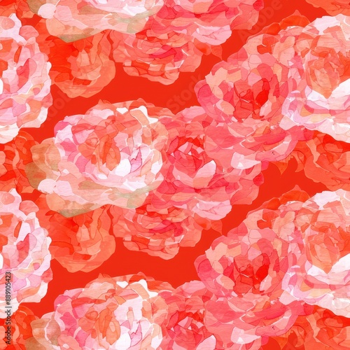 seamless pattern, Vibrant seamless floral pattern featuring abstract pink and orange roses on a red background, perfect for textile or wallpaper designs.
