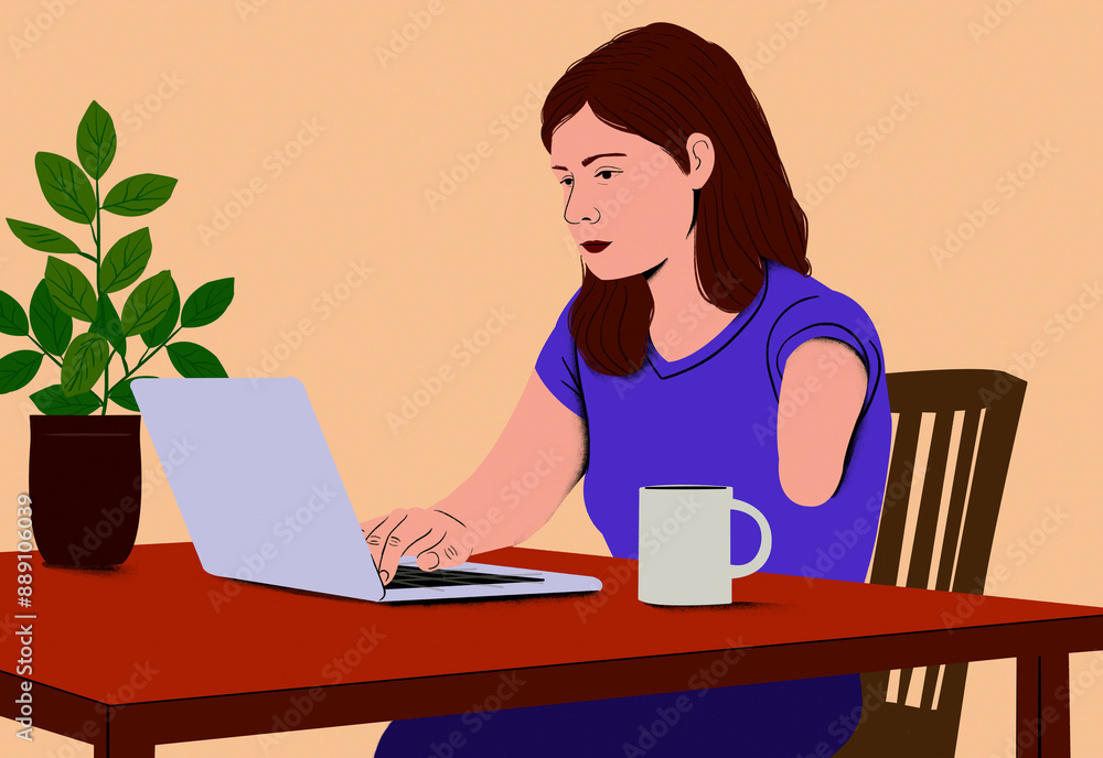 Woman with disability in a purple shirt working on a laptop at a wooden table with a coffee mug and potted plant beside her. Woman with disability in a purple shirt working on a laptop at a wooden table with a coffee mug and potted plant beside her.