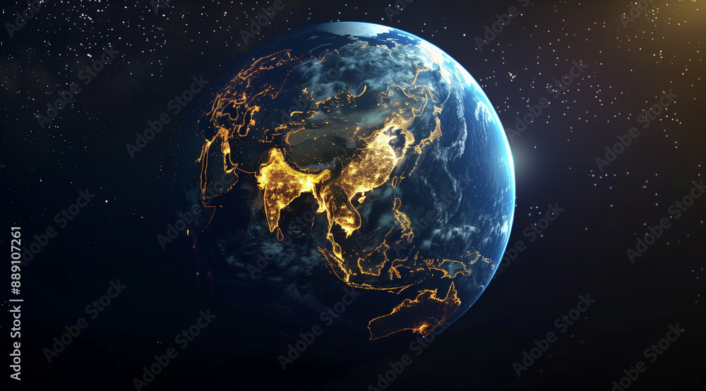 the earth with glowing lights in various parts, showing China and other Asian countries. The planet is seen from space at night. In front there's an angle of view l the earth with glowing lights in various parts, showing China and other Asian countries. The planet is seen from space at night. In front there's an angle of view l