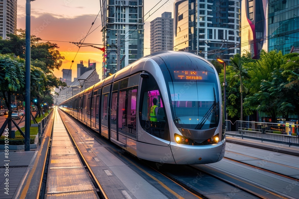 Naklejka premium Eco-Friendly Transportation: Showcasing Sustainable Modern Electric Tram in an Urban Cityscape