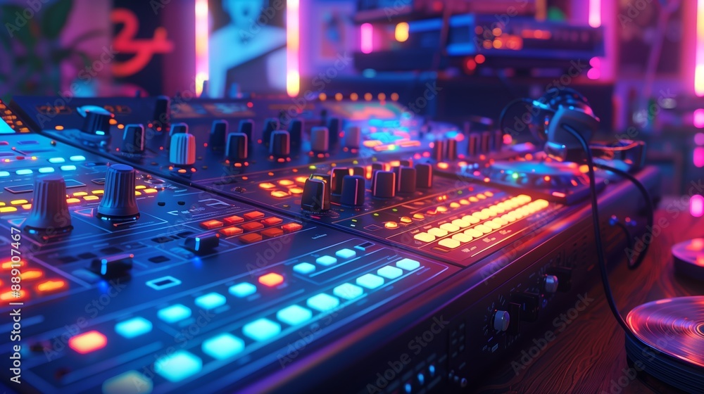 DJ console with neon lights in studio DJ console with neon lights in studio