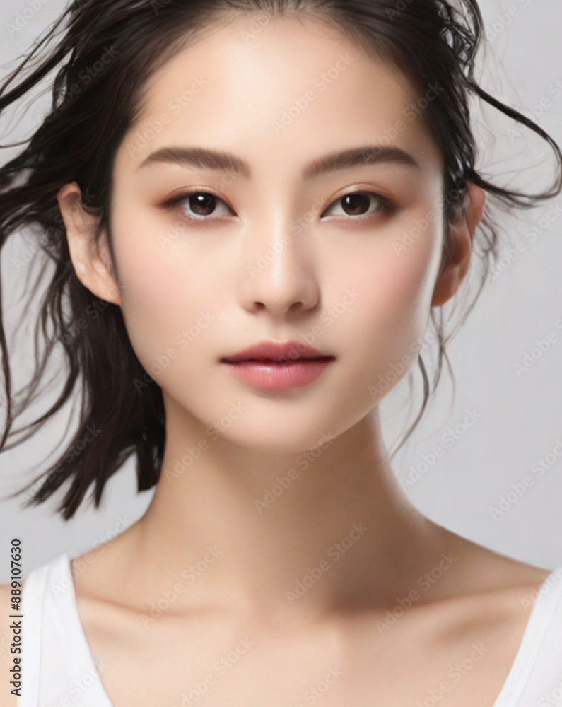 Naklejka premium Close up portrait of beautiful Asian female model in 20s with perfect glowy skin 