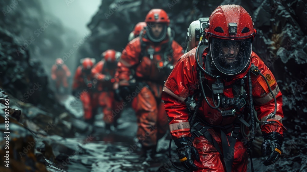Rescue Team in Hazmat Suits Navigating a Dangerous Terrain