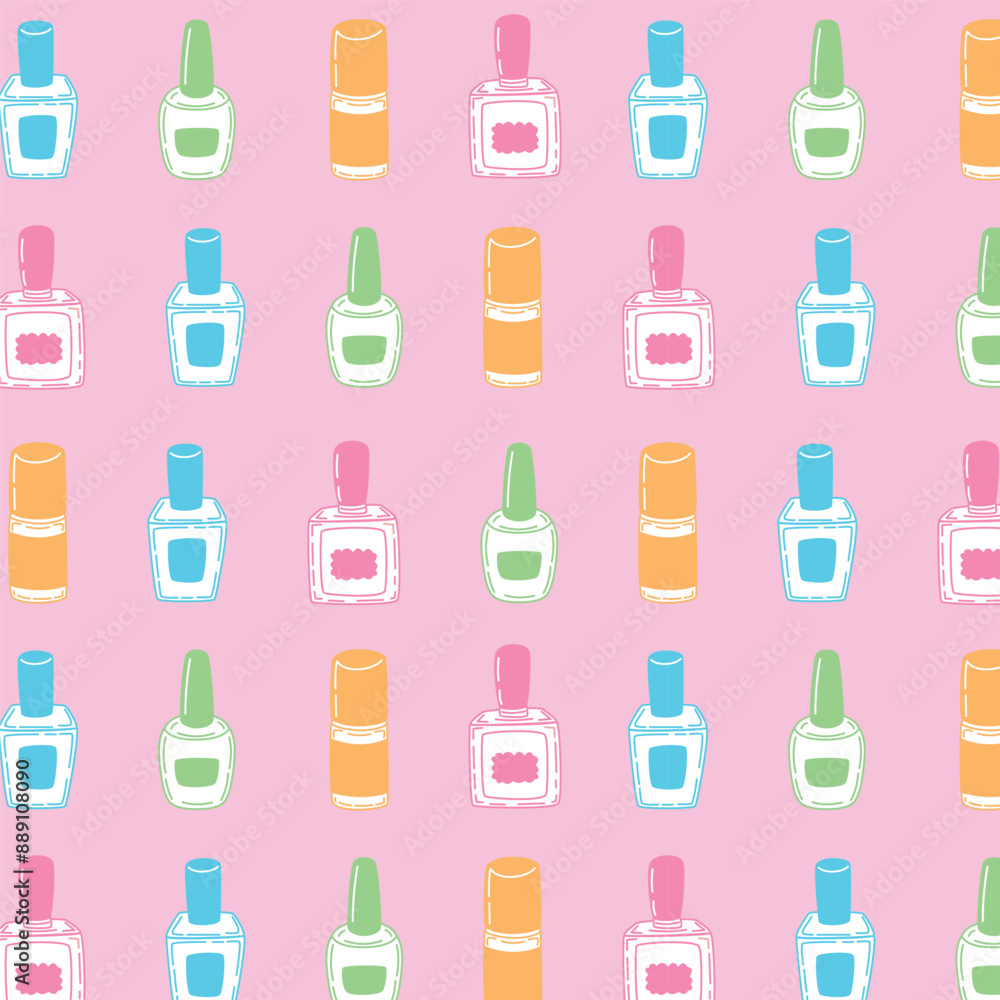 Cosmetics pattern with nail polish bottles on a pink background. Vector illustration Cosmetics pattern with nail polish bottles on a pink background. Vector illustration