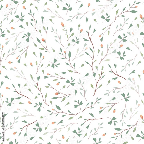 Gentle floral seamless pattern on a white background. Botanical digital illustration. Suitable for textile design, wrapping paper, Wallpaper, printing, cosmetics, perfumes, baby products