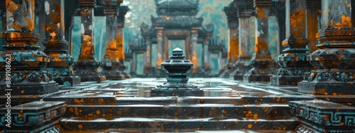 A large stone building with a small statue in the middle. The statue is surrounded by pillars and the building is covered in rain. Scene is somber and melancholic photo