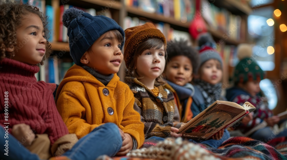 Children of different nationalities sit on the floor in a bookstore and listen attentively to the holiday story before Christmas. Children of different nationalities sit on the floor in a bookstore and listen attentively to the holiday story before Christmas.