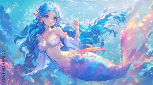 A blue mermaid with long hair is swimming in the ocean