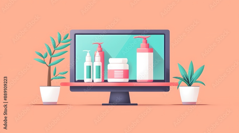 A computer monitor displaying various skincare products on a shelf, surrounded by potted plants. vector A computer monitor displaying various skincare products on a shelf, surrounded by potted plants. vector