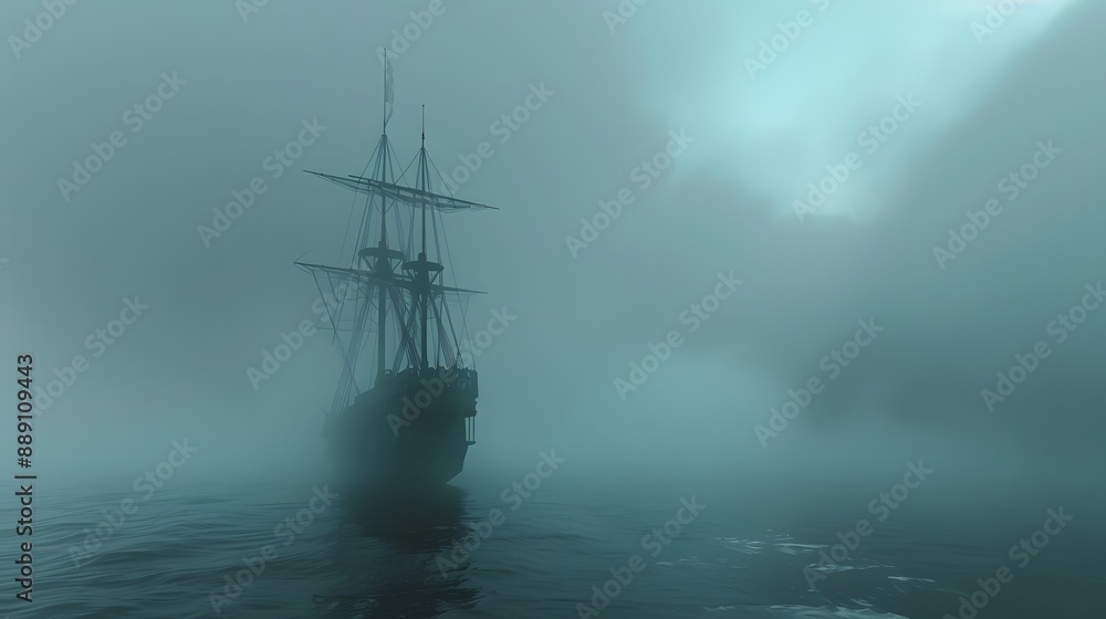 A lone sailing ship emerges from the mist on a foggy day. The ocean is calm and serene, creating a sense of mystery and intrigue. A lone sailing ship emerges from the mist on a foggy day. The ocean is calm and serene, creating a sense of mystery and intrigue.