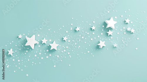 A road of white stars of different sizes on a soft green background to create wallpaper or paper.