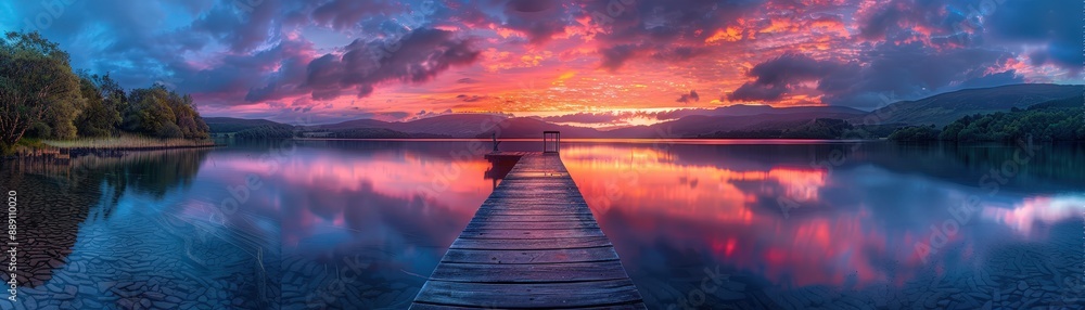 Fototapeta premium Stunning Sunset Over Serene Lake with Wooden Pier and Vibrant Sky Reflections