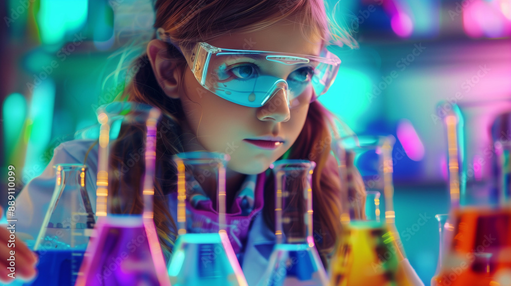 Close-up of a little girl in a lab coat and safety goggles conducting an experiment with test tubes and beakers filled with colorful liquids, in a science classroom background with Close-up of a little girl in a lab coat and safety goggles conducting an experiment with test tubes and beakers filled with colorful liquids, in a science classroom background with