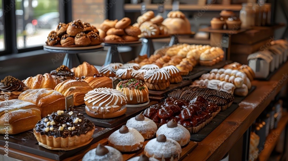A table full of pastries and desserts, including donuts, cakes, and tarts A table full of pastries and desserts, including donuts, cakes, and tarts