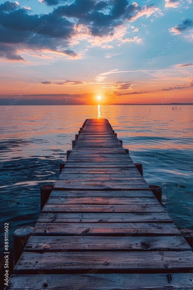 Stunning Sunset Over Serene Lake with Wooden Pier Leading into Calm Waters Under a Vibrant Sky Stunning Sunset Over Serene Lake with Wooden Pier Leading into Calm Waters Under a Vibrant Sky